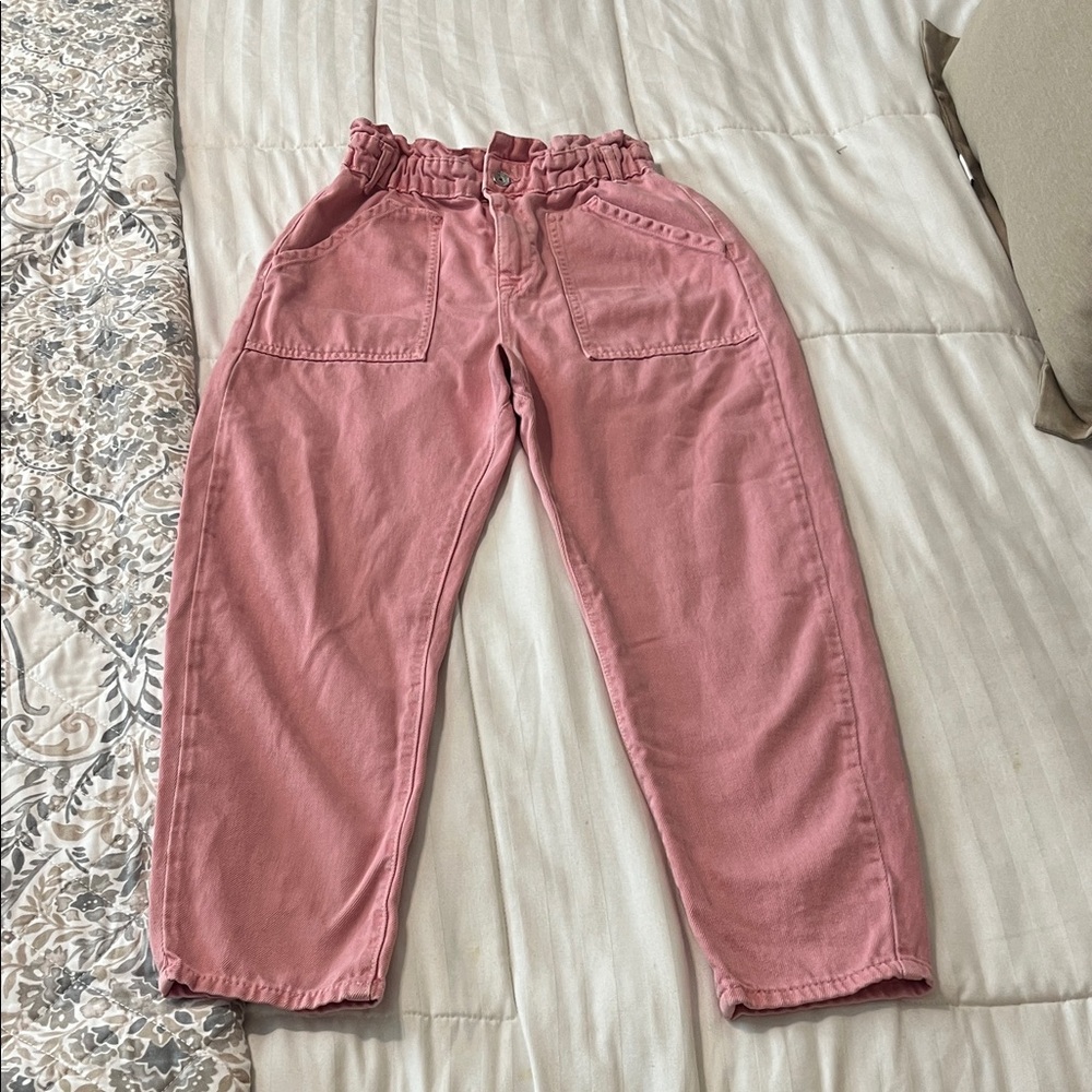 Zara Womens Dusty Pink High Ruffle Waist Barrel Jeans